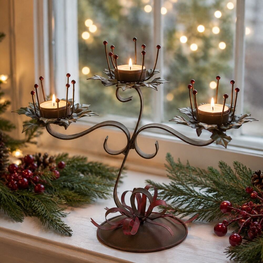 VTG Metal Tole Holly Berry 3-Arm Candle Holder Candelabra Christmas Folk Art 12"
